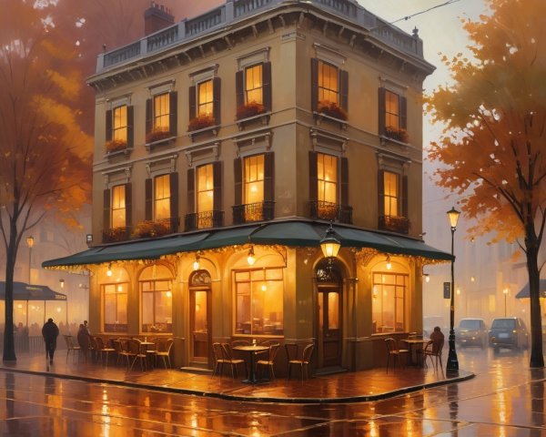 Charming Corner Cafe in Vibrant City Street at Night