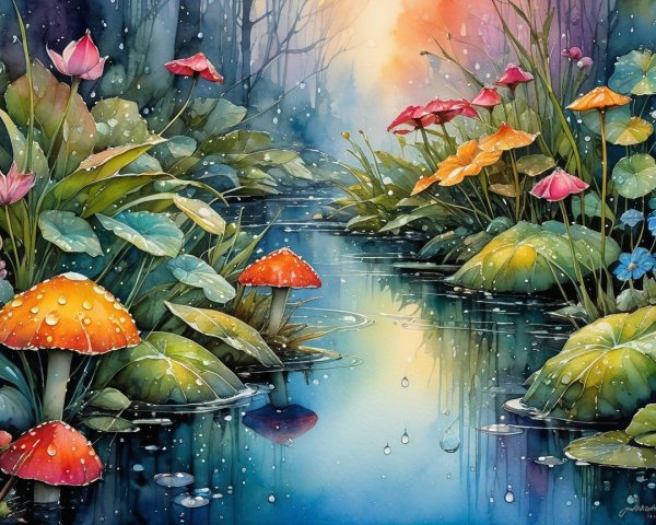 Vibrant Waterway Surrounded by Lush Greenery and Flowers