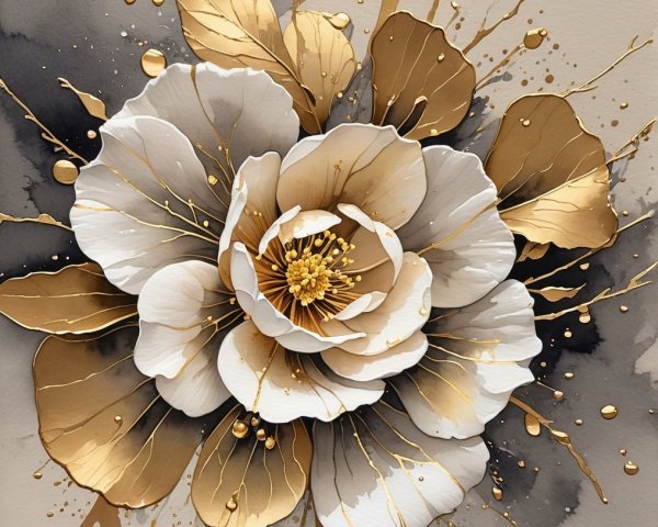 Three-Dimensional White Flower with Gold Accents