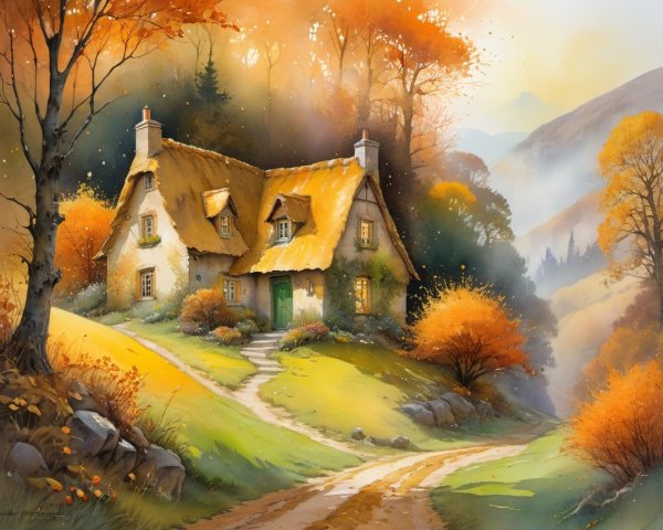 Cottage Surrounded by Autumn Trees and Mountains