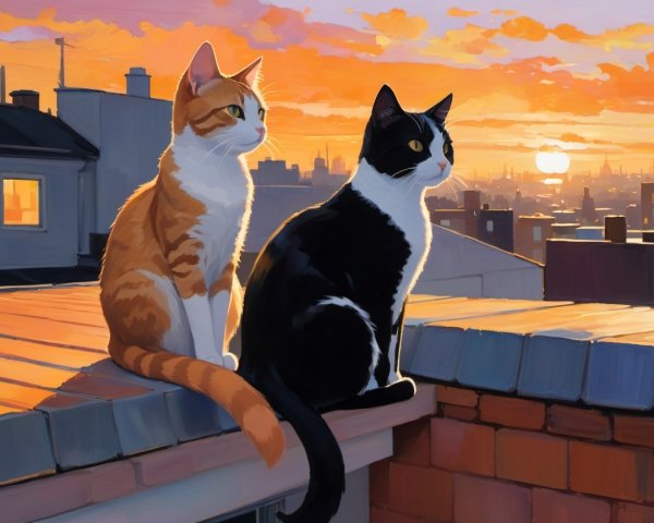 Cats on Rooftop Watching Colorful City Sunset