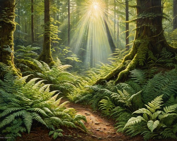 Serene forest scene with misty trees and ferns