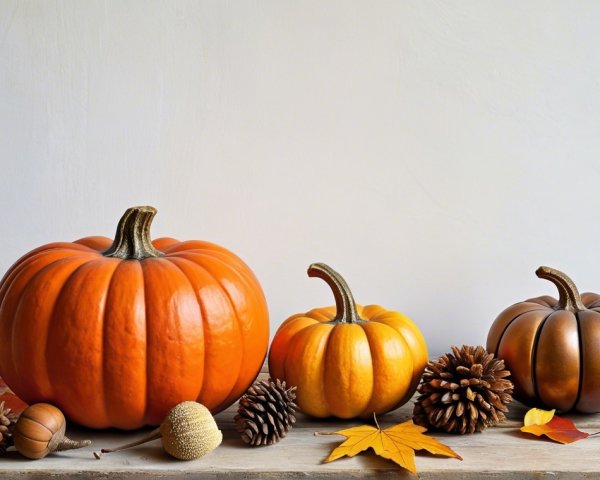 Rustic Wooden Table with Three Decorative Pumpkins