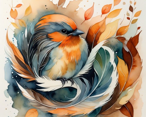 Vibrant Bird Among Autumn Leaves in Watercolor Art