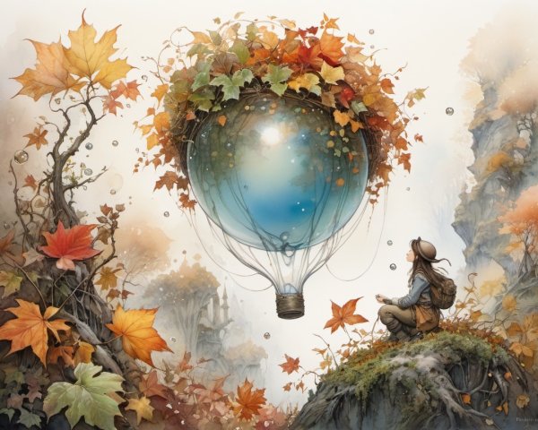 Solitary Figure with Hot Air Balloon in Dreamlike Scene