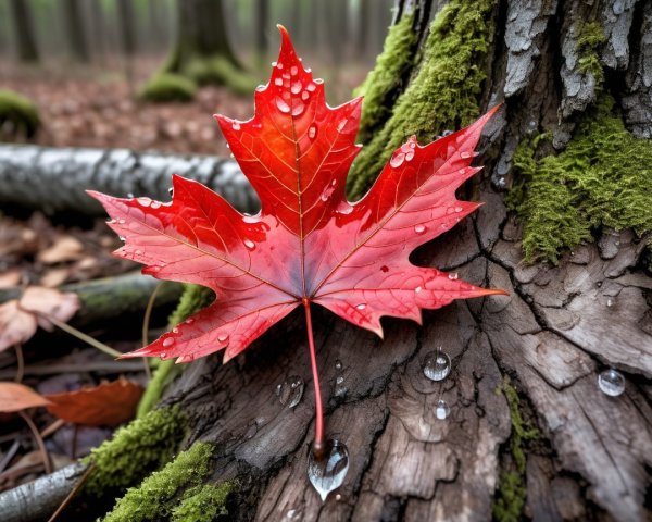 Red Maple Leaf on Mossy Stump in Autumn Forest