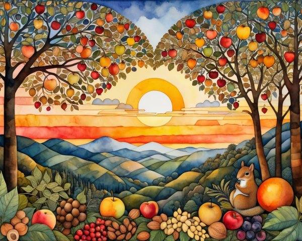Vibrant Landscape with Fruit Trees and Sunset Sky