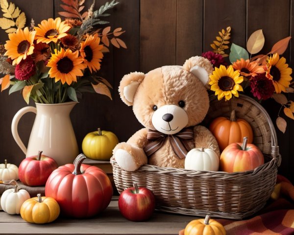 Cozy Autumn Scene with Teddy Bear and Pumpkins