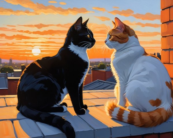 Two Cats on Rooftop at Sunset with Colorful Sky