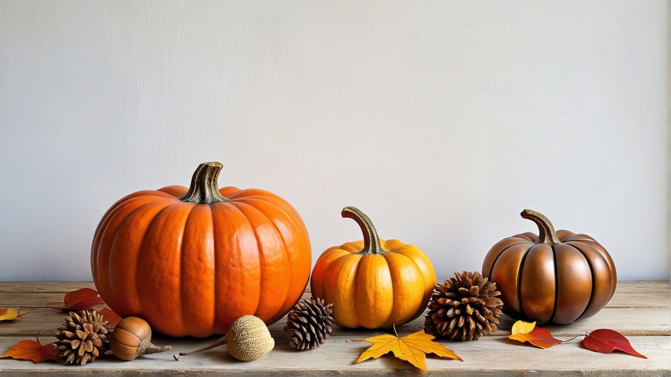Rustic Wooden Table with Three Decorative Pumpkins