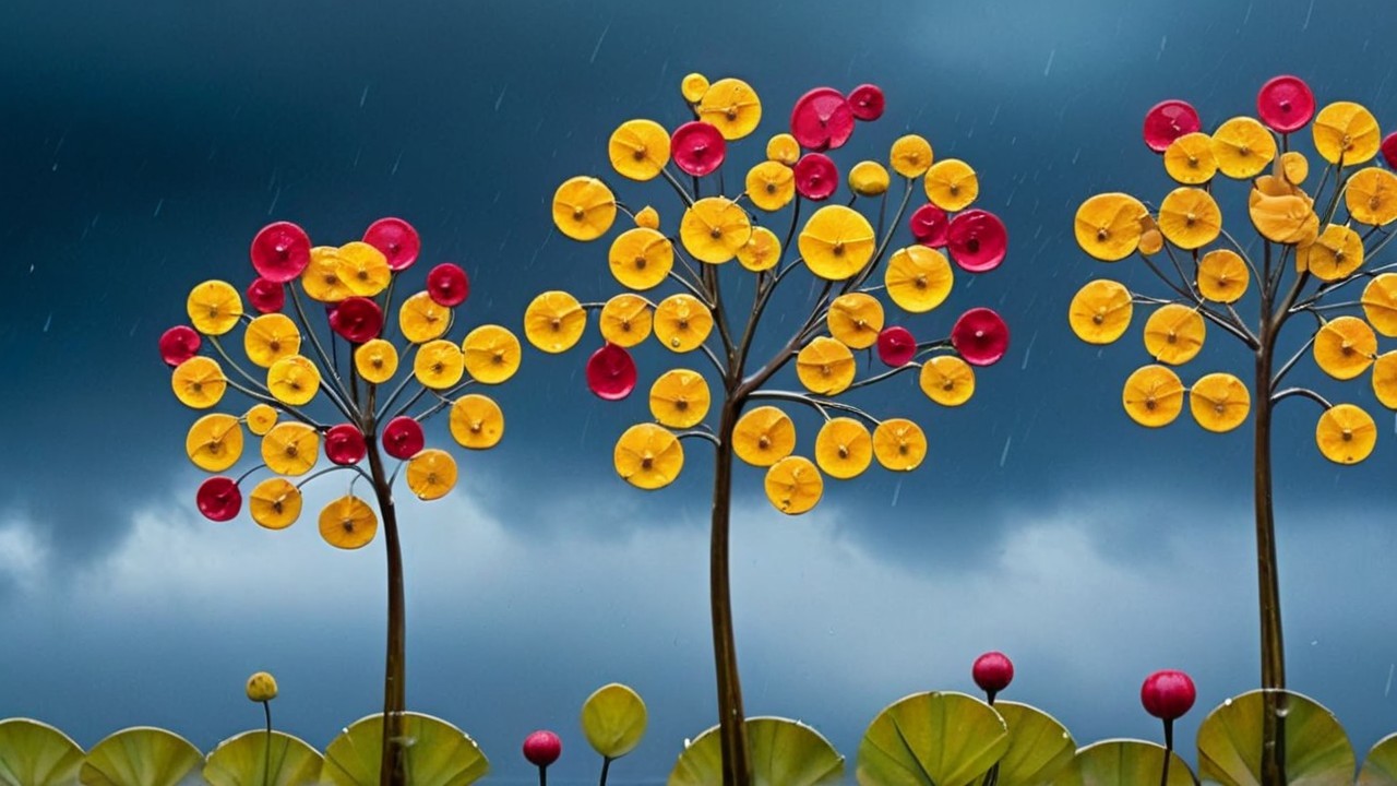 Stylized Trees with Vibrant Flowers and Stormy Sky