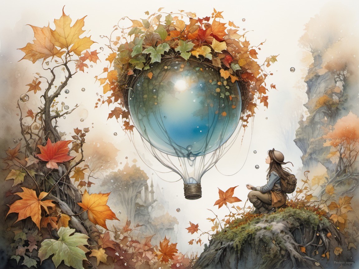 Solitary Figure with Hot Air Balloon in Dreamlike Scene