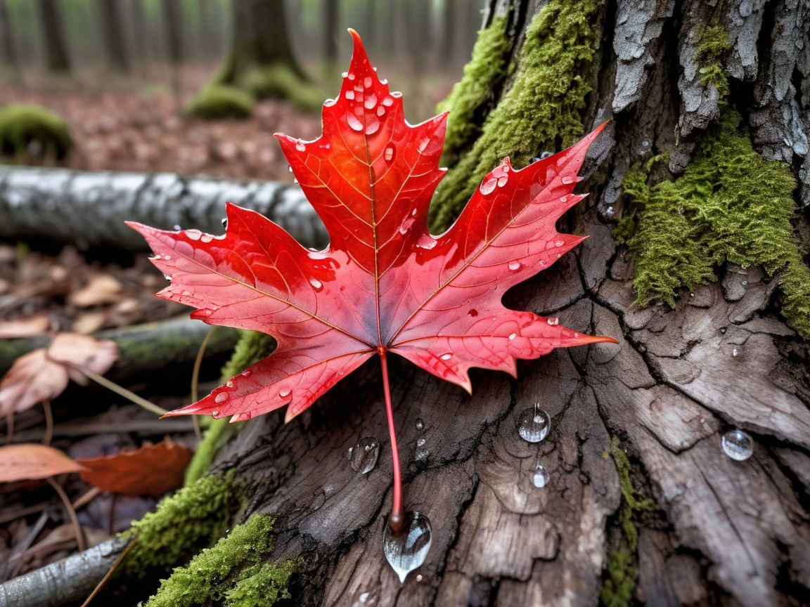 Red Maple Leaf on Mossy Stump in Autumn Forest