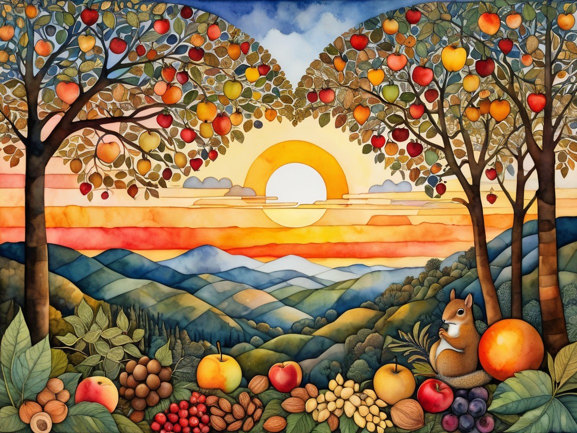 Vibrant Landscape with Fruit Trees and Sunset Sky