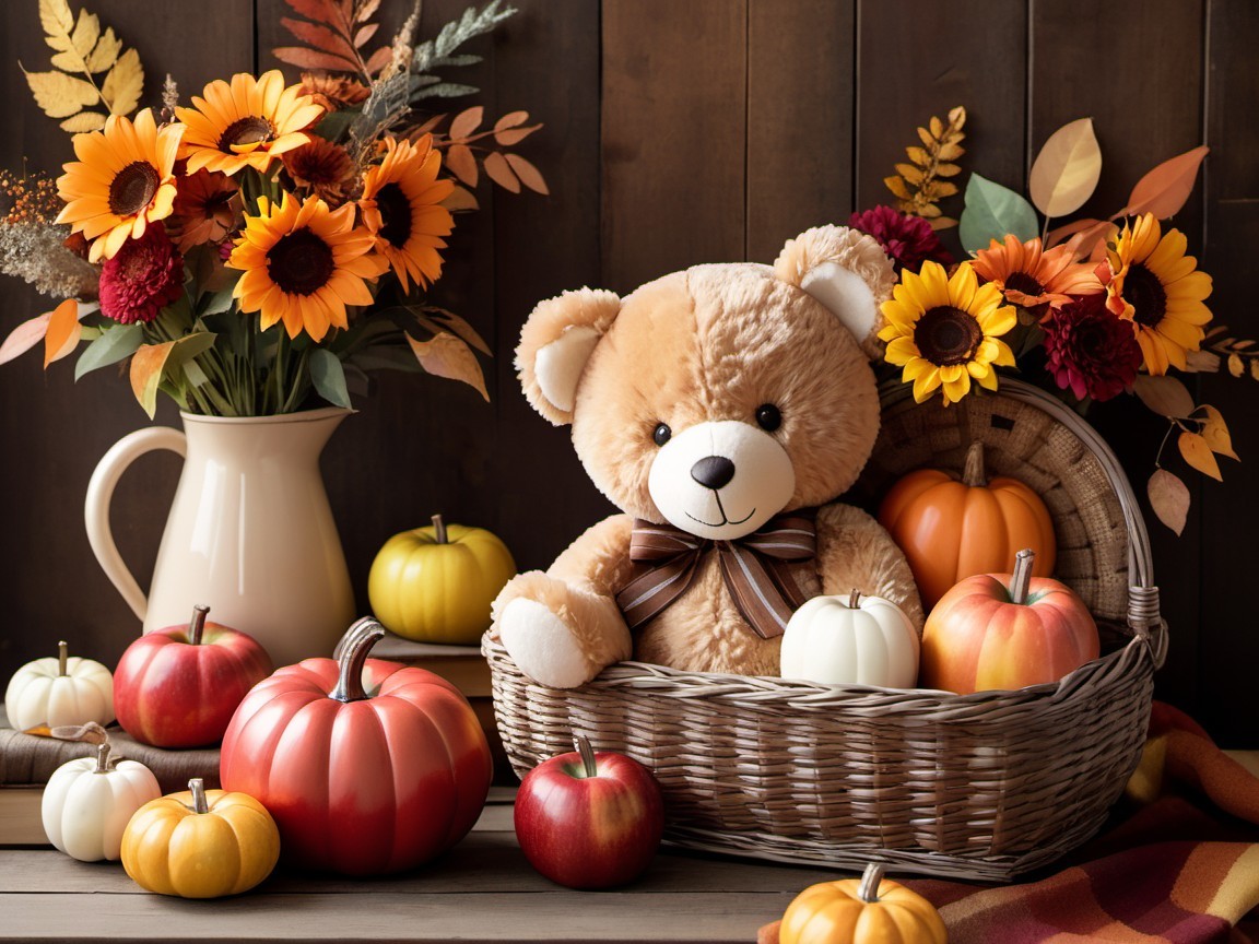 Cozy Autumn Scene with Teddy Bear and Pumpkins