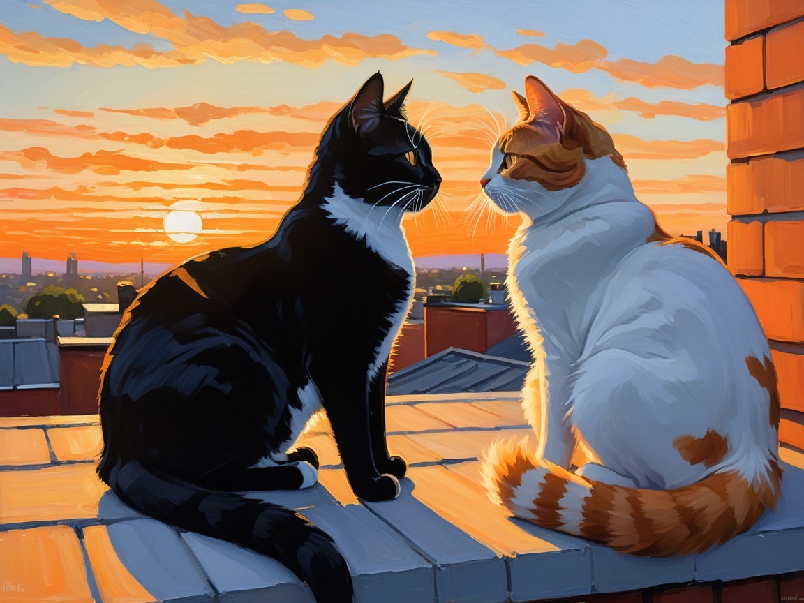 Two Cats on Rooftop at Sunset with Colorful Sky