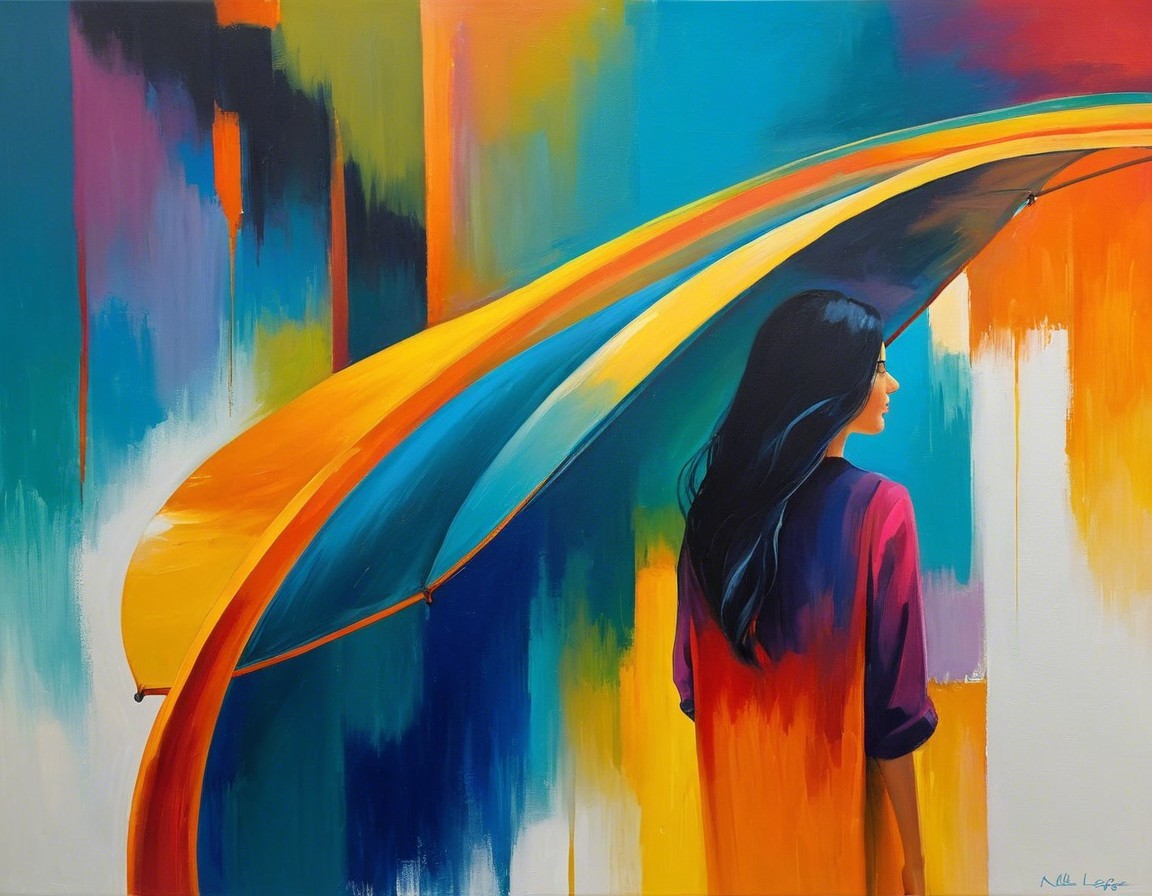 Vibrant Painting of Woman Under Colorful Umbrella