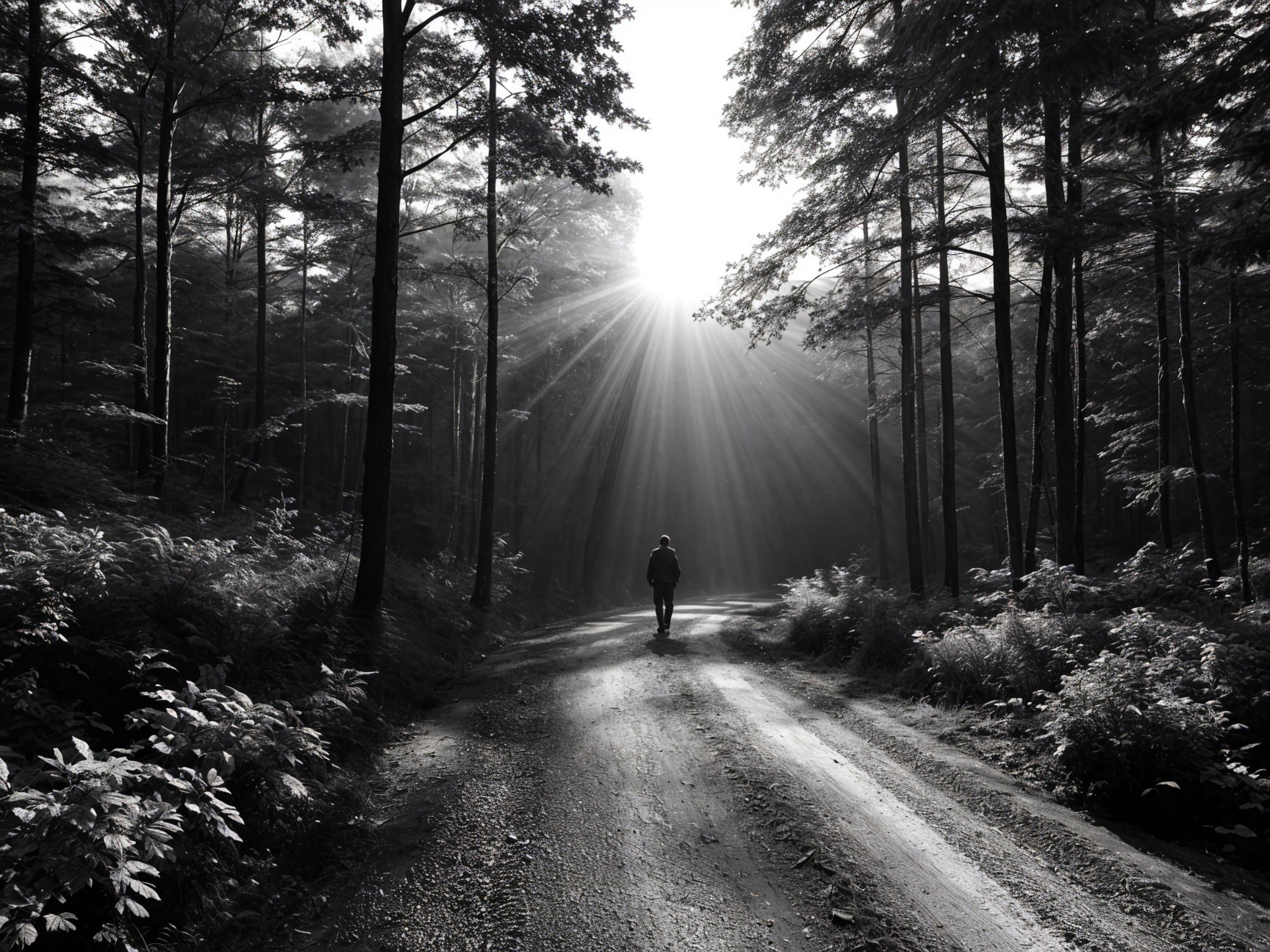 Solitary Figure on Misty Dirt Road in Black and White