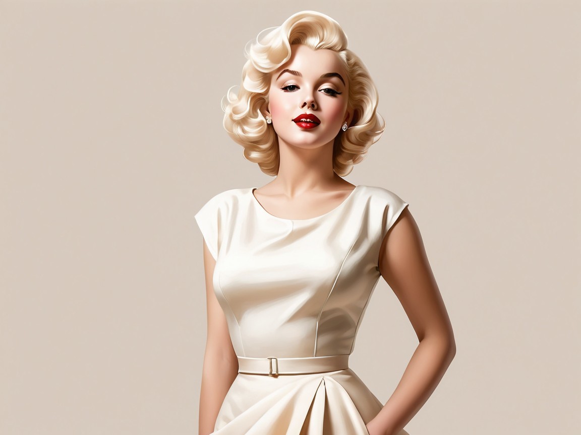 Glamorous Woman in Vintage Cream Dress and Red Lips