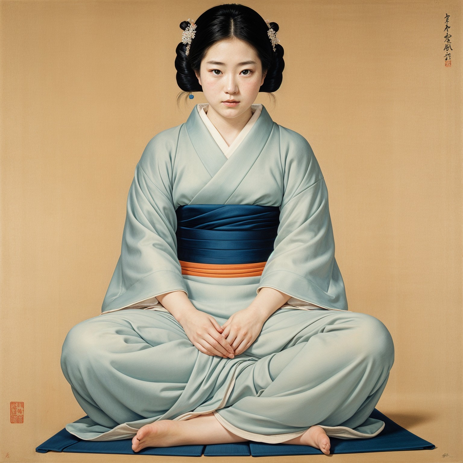 Young Woman in Traditional Attire on a Mat