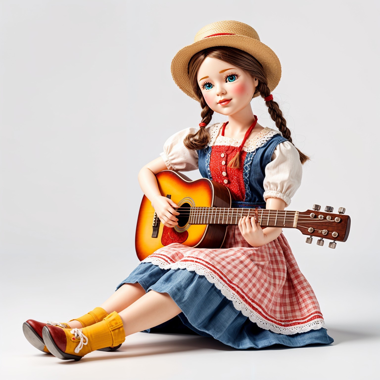 Charming Doll in Colorful Traditional Outfit with Guitar