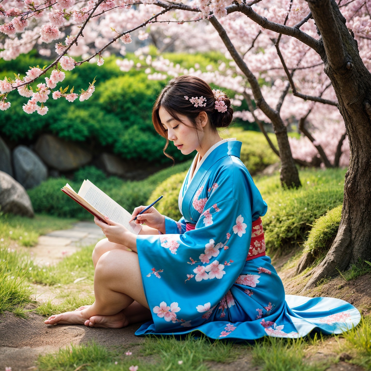 Young Woman in Blue Kimono Under Cherry Blossoms