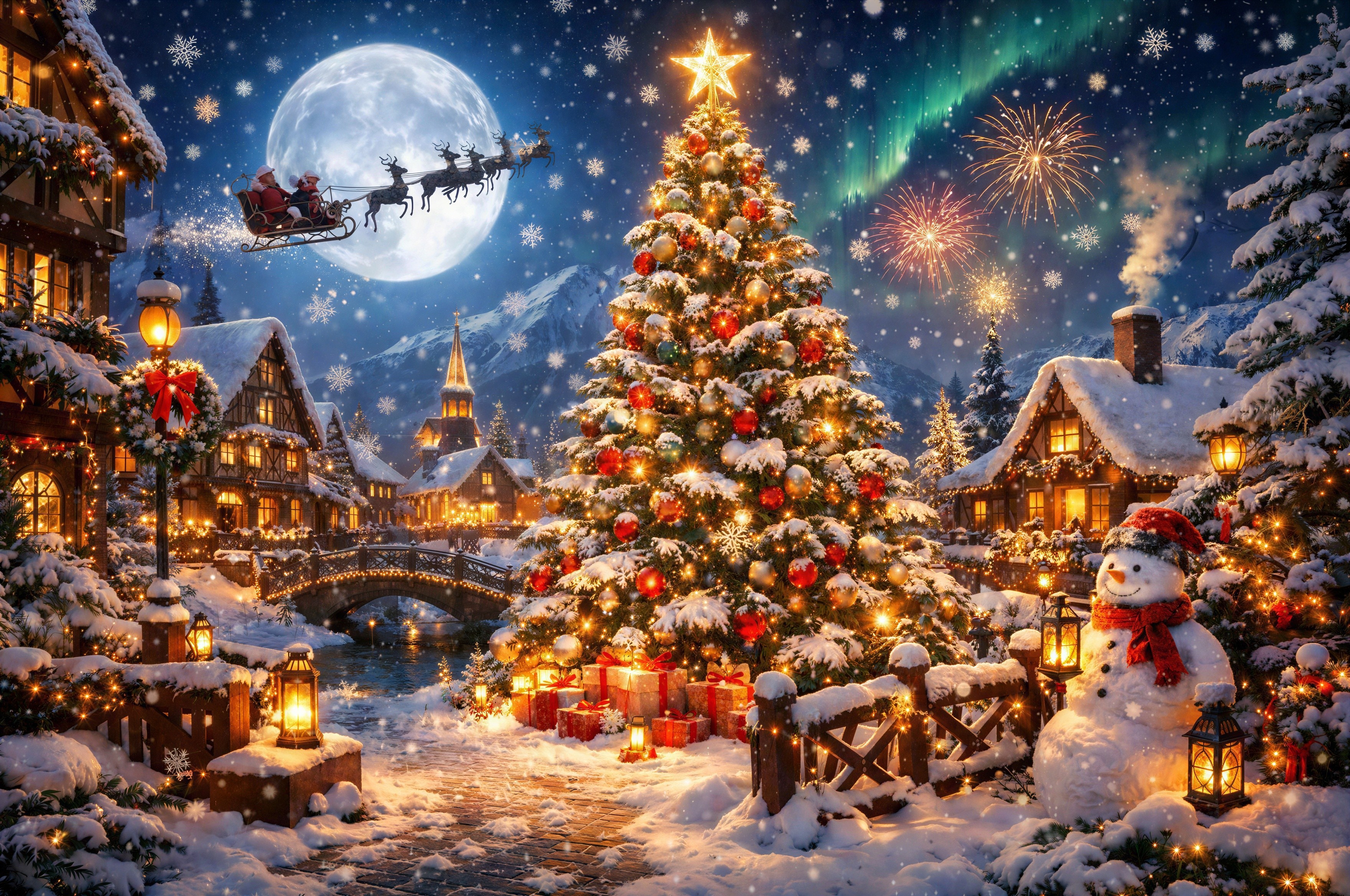 Panoramic Night Scene of a Christmas Wonderland