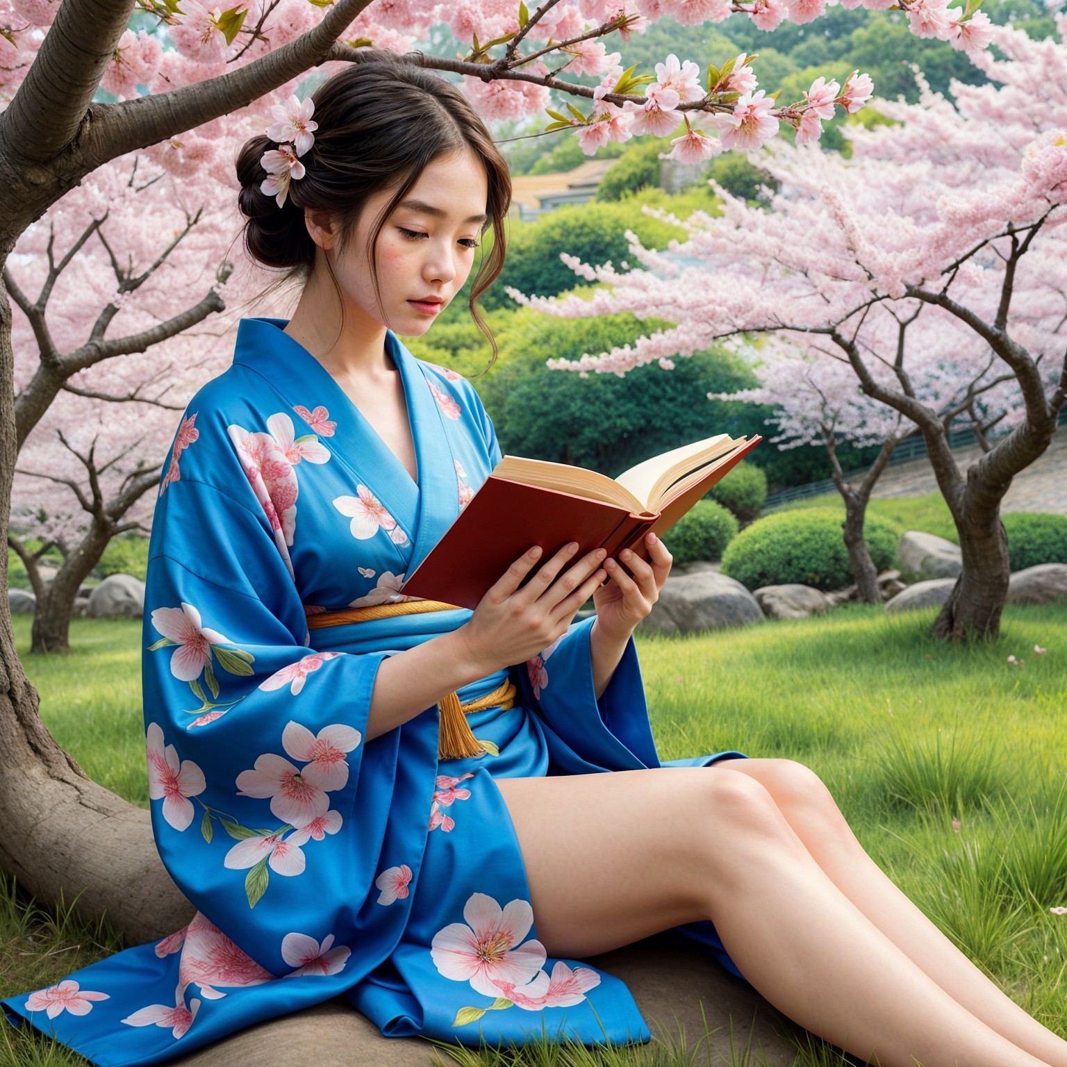 Young Woman in Blue Kimono Reading Under Cherry Blossoms