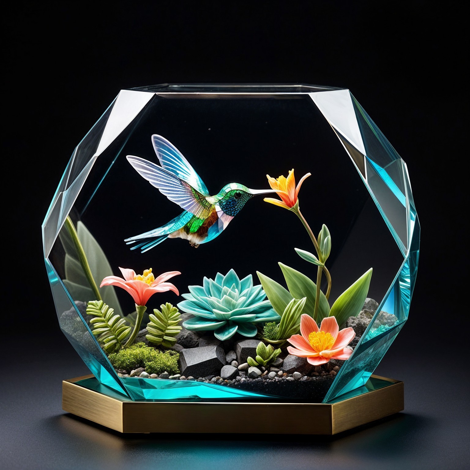 Vibrant Hummingbird Sculpture in Glass Display