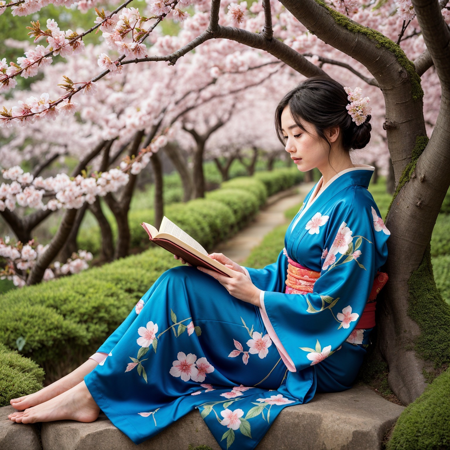 Young Woman in Blue Kimono Under Cherry Blossoms