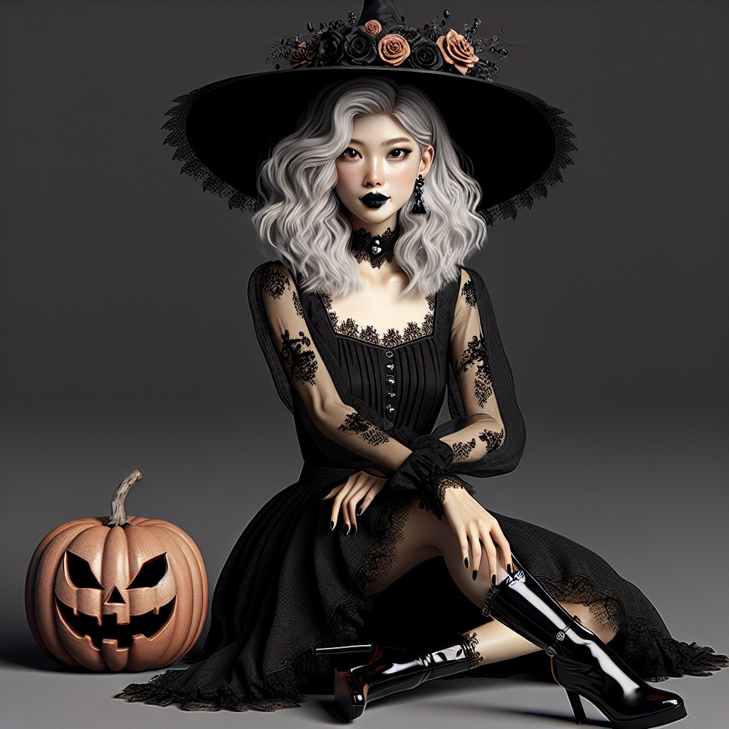 Stylish Gothic Figure in Black Dress and Pumpkin