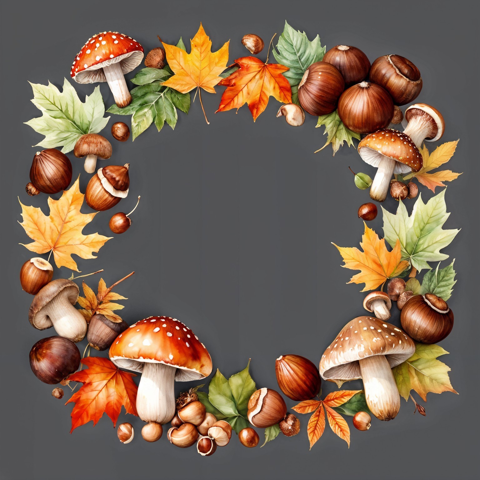 Autumn Circular Frame with Leaves and Mushrooms