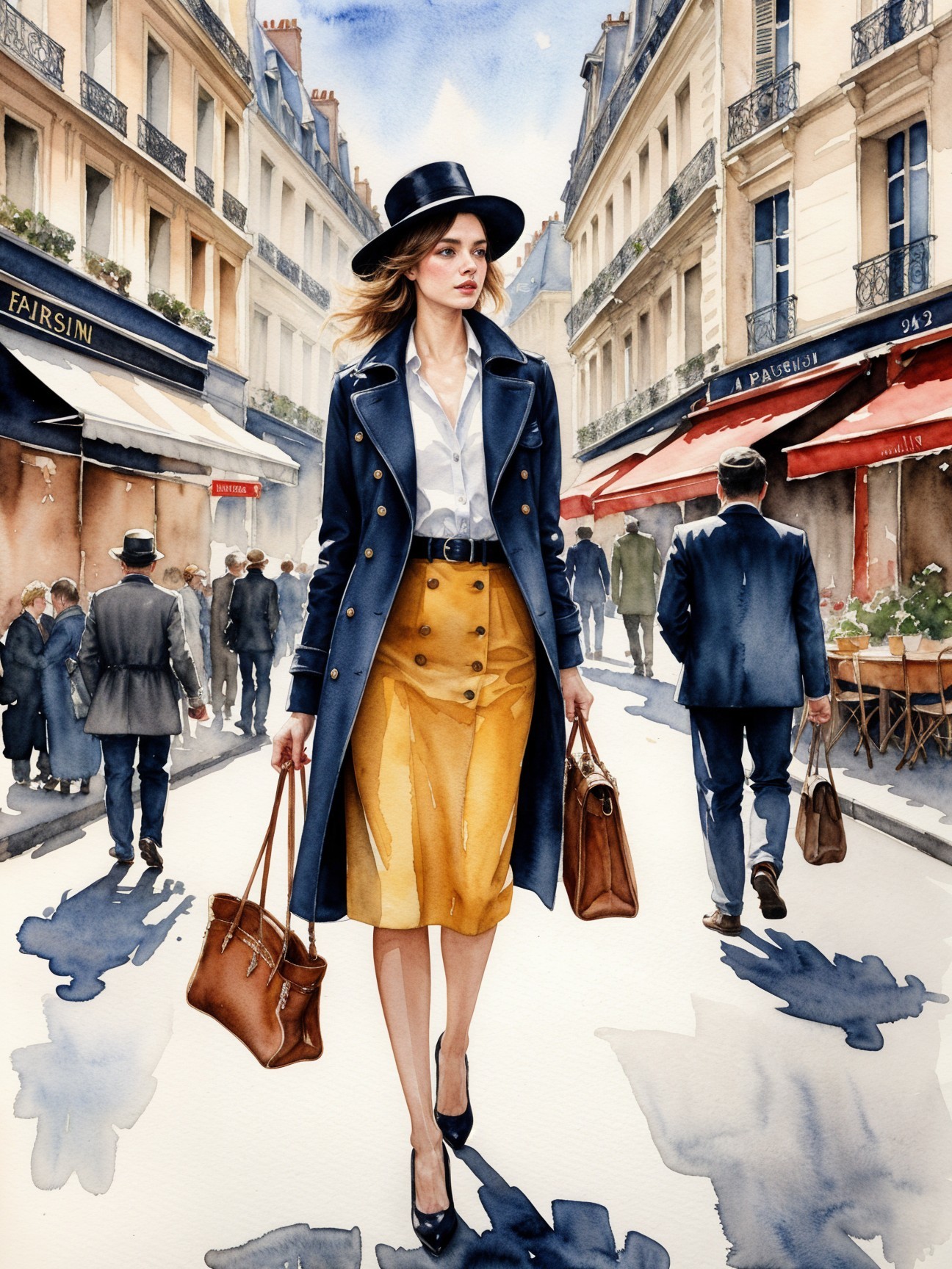 Elegant Woman in Parisian Street Watercolor Scene