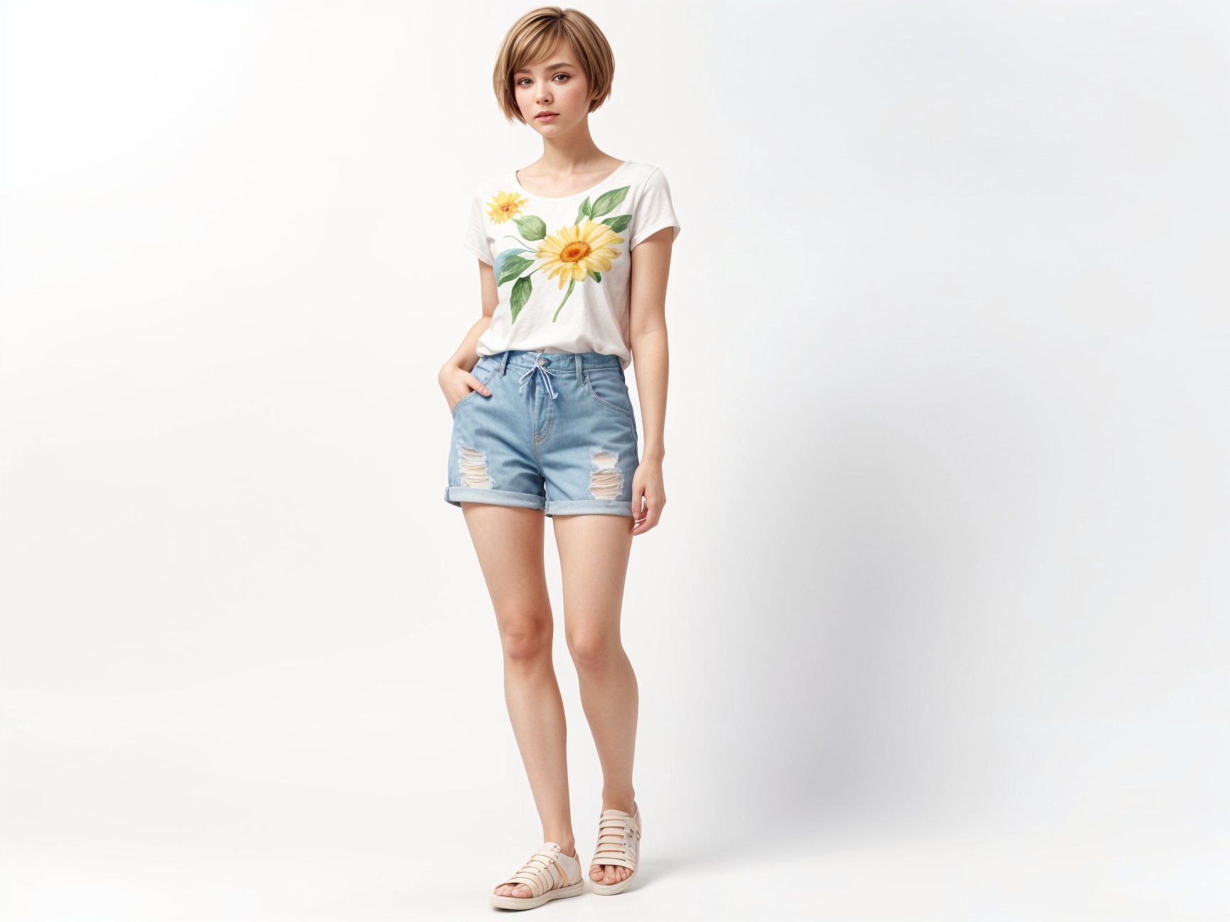 Young Woman in Floral T-Shirt and Denim Shorts