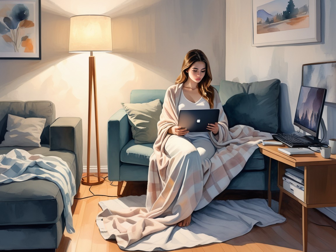 Cozy Living Room with Young Woman Using Laptop