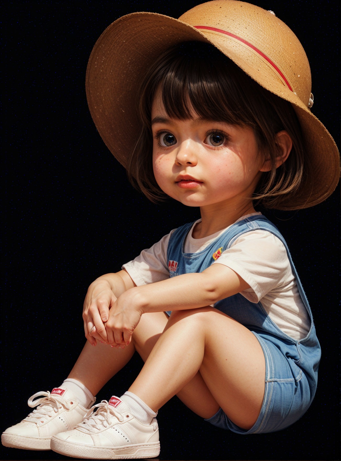 Child in Blue Overalls and Straw Hat Against Dark Background