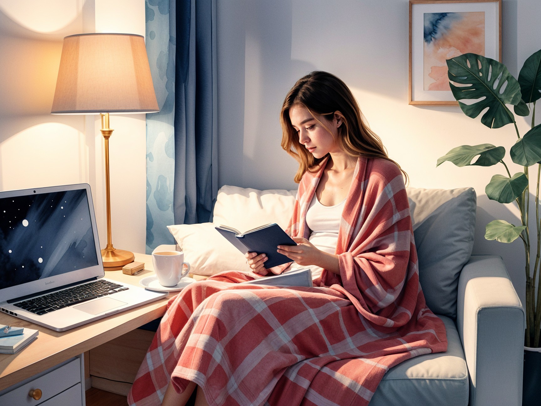 Cozy Indoor Reading Scene with Warm Lighting and Plants