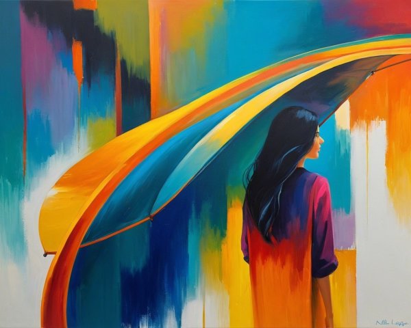 Vibrant Painting of Woman Under Colorful Umbrella
