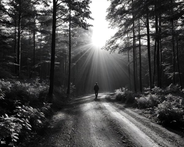 Solitary Figure on Misty Dirt Road in Black and White