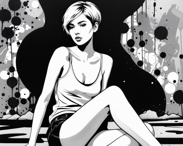 Stylish Young Woman in Casual Outfit Against Abstract Background