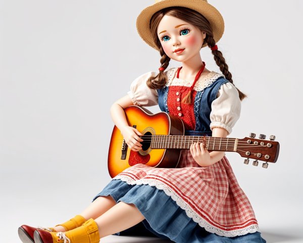 Charming Doll in Colorful Traditional Outfit with Guitar