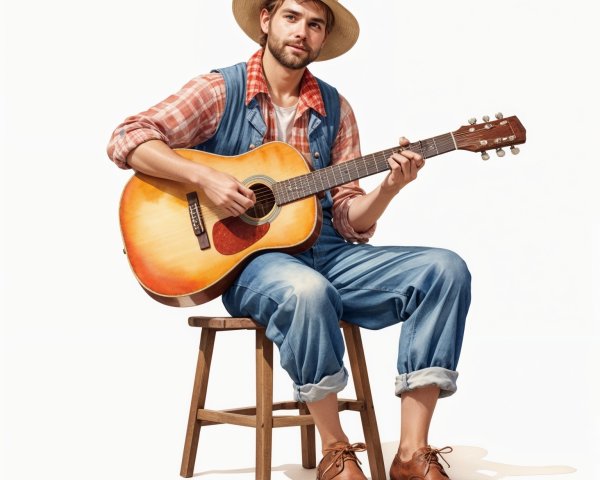 Young man in plaid shirt strumming acoustic guitar