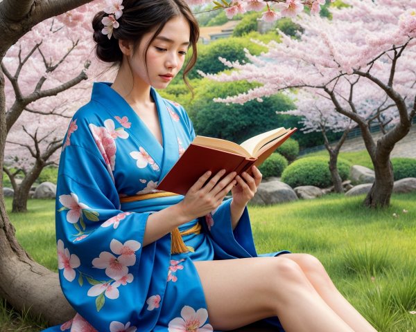 Young Woman in Blue Kimono Reading Under Cherry Blossoms