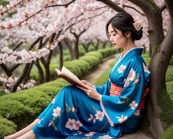 Young Woman in Blue Kimono Under Cherry Blossoms