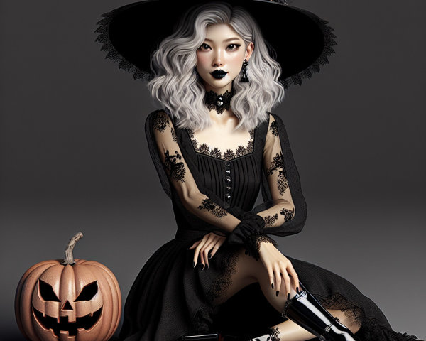 Stylish Gothic Figure in Black Dress and Pumpkin