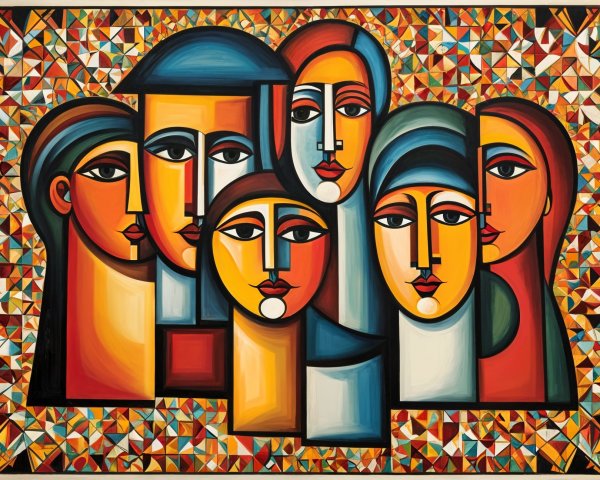 Vibrant Abstract Composition of Stylized Faces