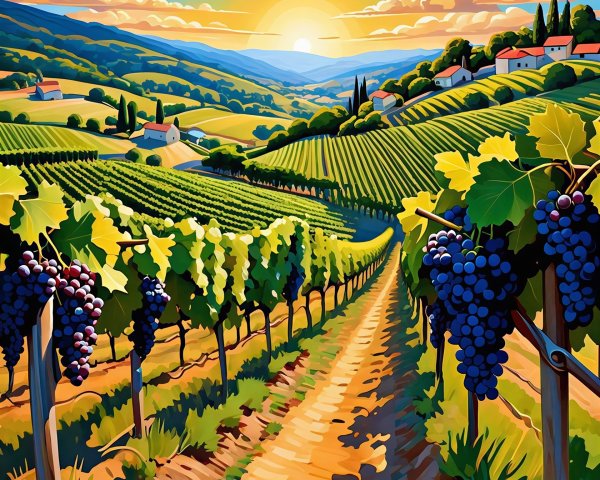 Stylized Painting of Vineyard at Sunset with Grapes