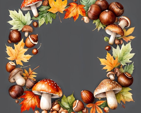 Autumn Circular Frame with Leaves and Mushrooms