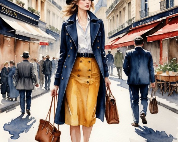 Elegant Woman in Parisian Street Watercolor Scene
