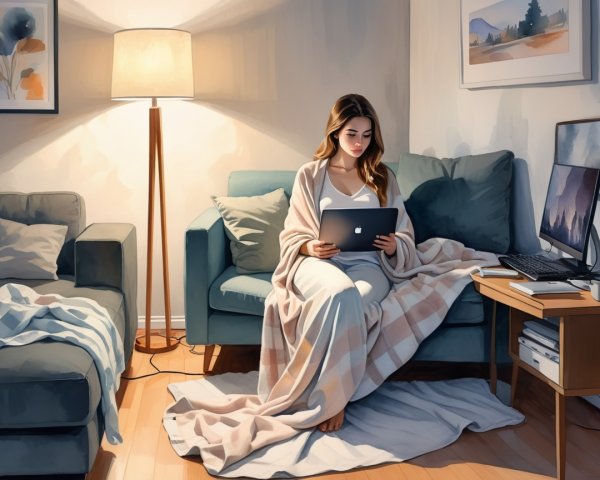 Cozy Living Room with Young Woman Using Laptop